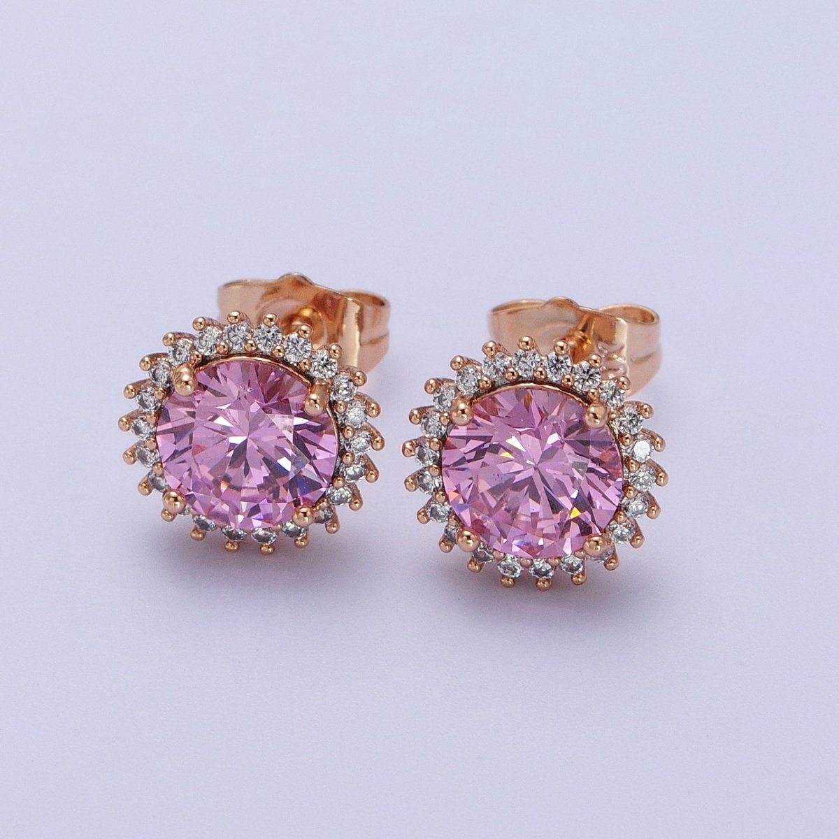 18K Gold Filled Celestial Sun Pink CZ 11.4mm Round Stud Earrings | V-008 - DLUXCA