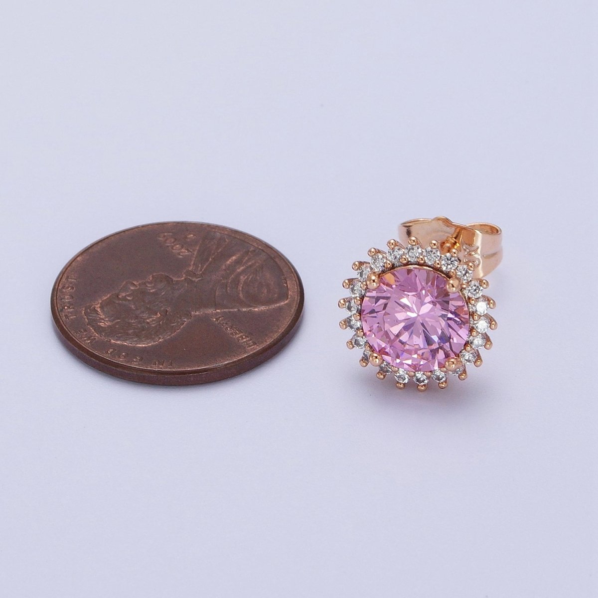 18K Gold Filled Celestial Sun Pink CZ 11.4mm Round Stud Earrings | V-008 - DLUXCA