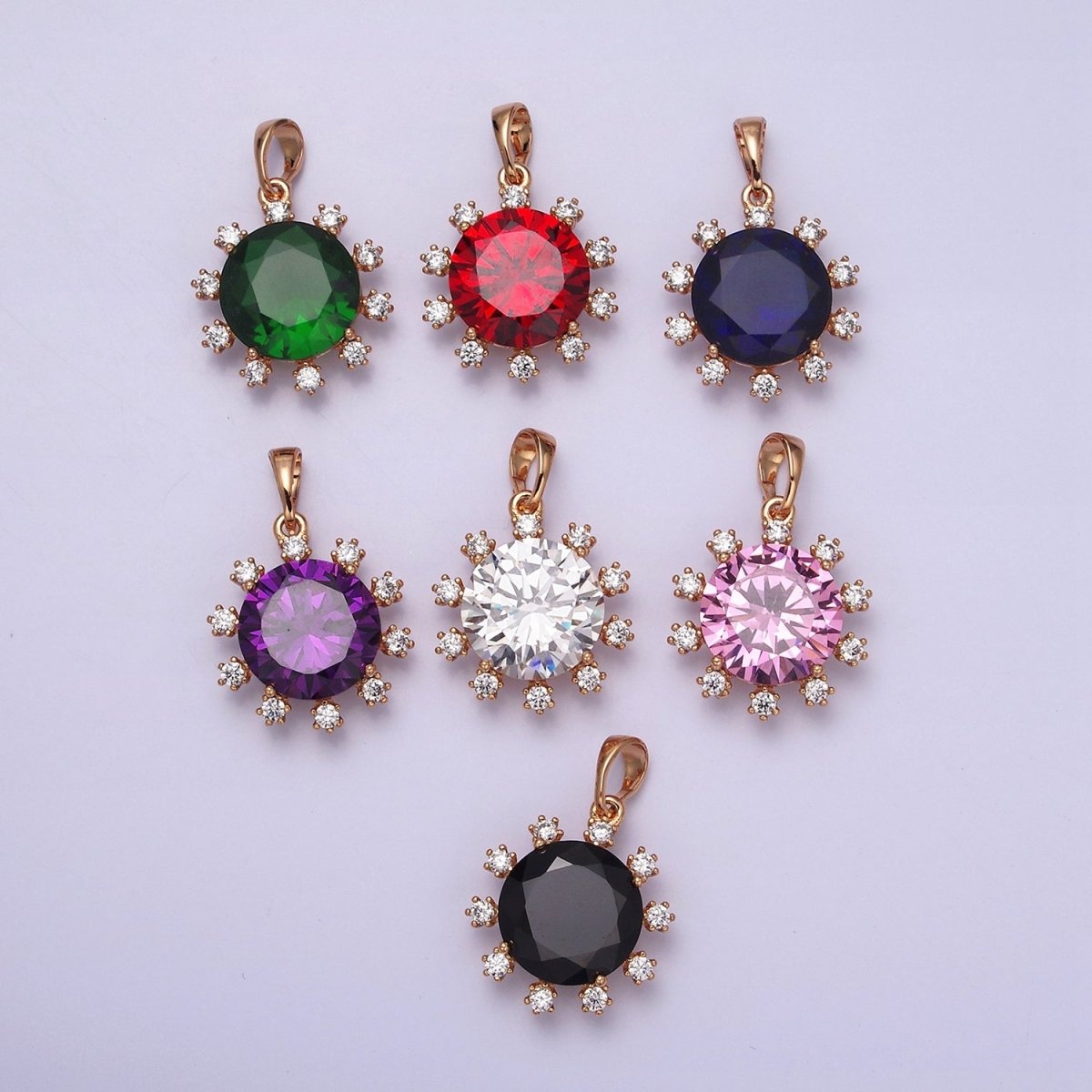 18K Gold Filled Clear, Black, Red, Pink, Purple, Green Round Dotted CZ Pendant | AA496 - AA501 - DLUXCA