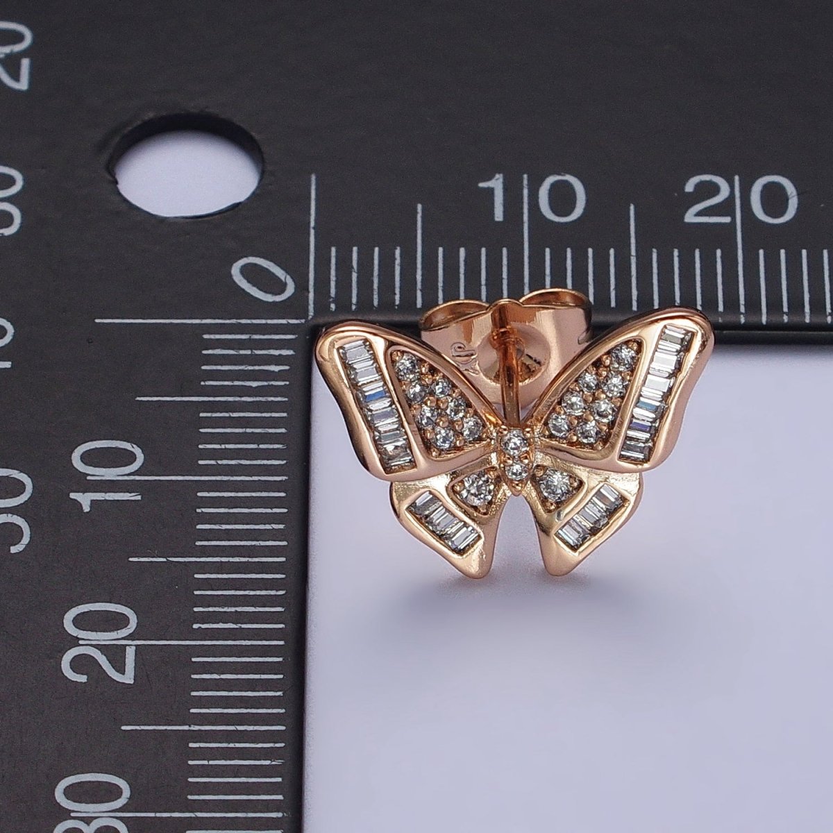 18K Gold Filled Clear Butterfly Mariposa Baguette Micro Paved Stud Earrings | AB1025 AB1086 - DLUXCA