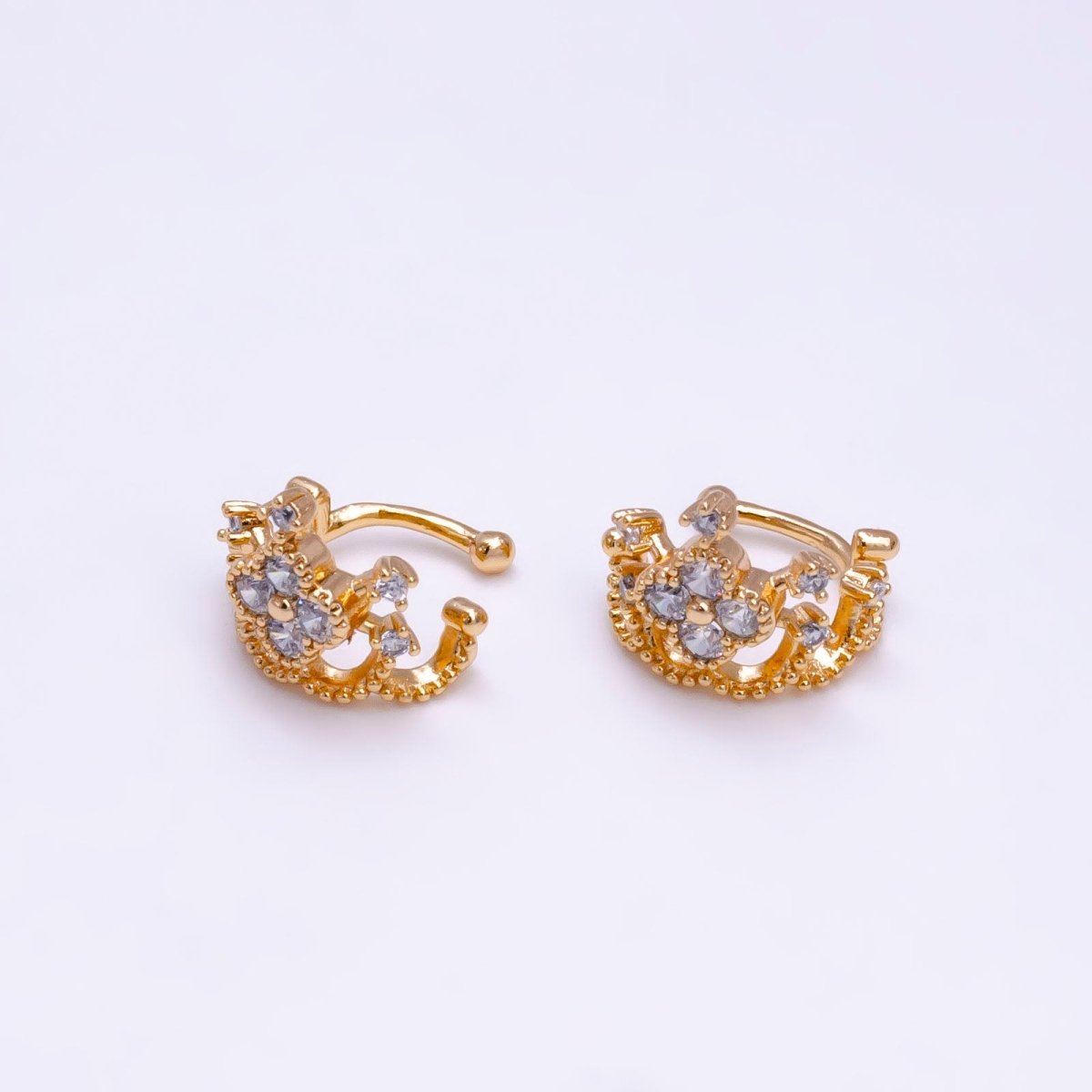 18K Gold Filled Clear CZ Quatrefoil Clover Beaded Ear Cuff Earrings | AI109 - DLUXCA