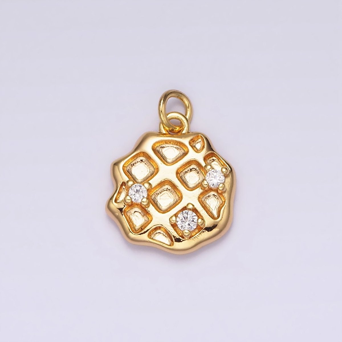 18K Gold Filled Clear CZ Rhombus Dented Waffle Abstract Round Charm | N1686 - DLUXCA