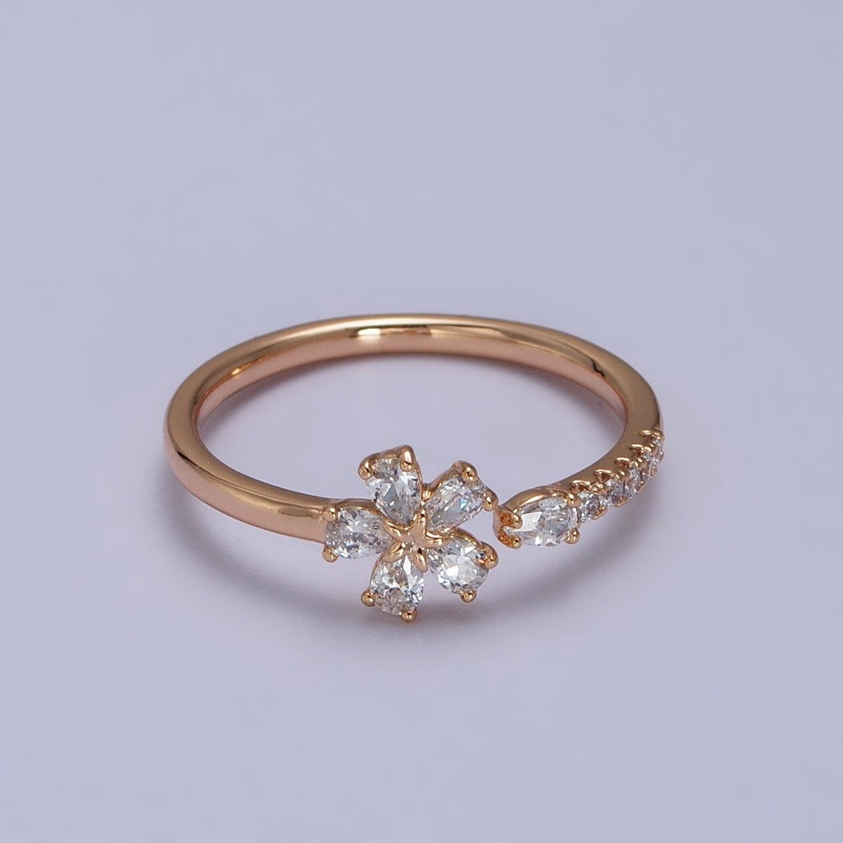 18K Gold Filled Clear Flower Teardrop CZ Micro Paved Adjustable Ring | Y-584 - DLUXCA