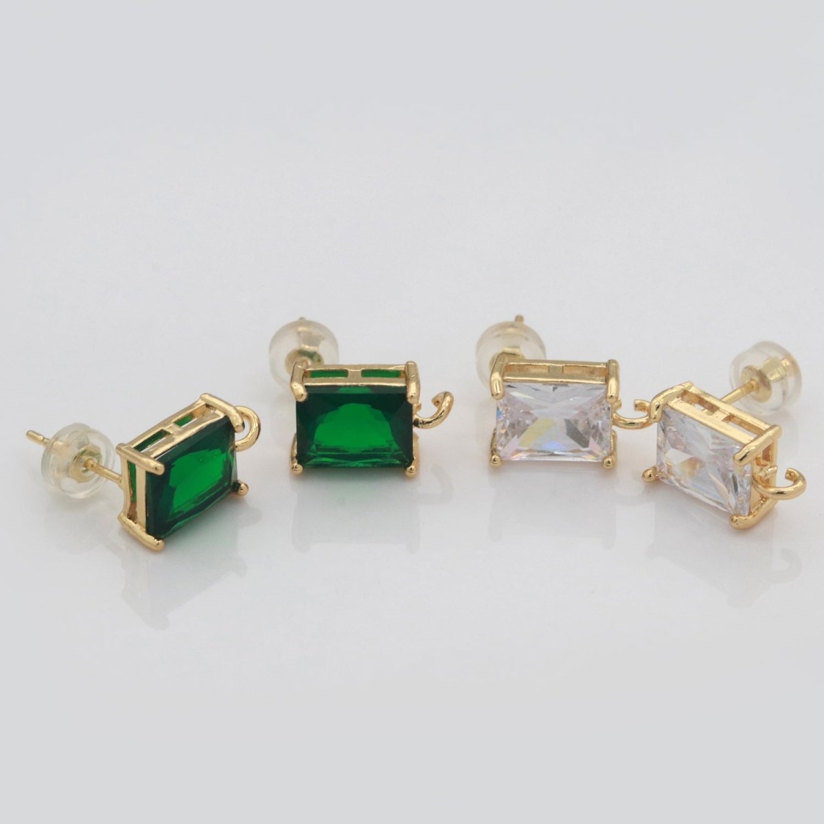 18K Gold Filled Clear / Green Baguette Cubic Zirconia Stud Drop Open Loop Earrings Supply L-500 L-501 - DLUXCA