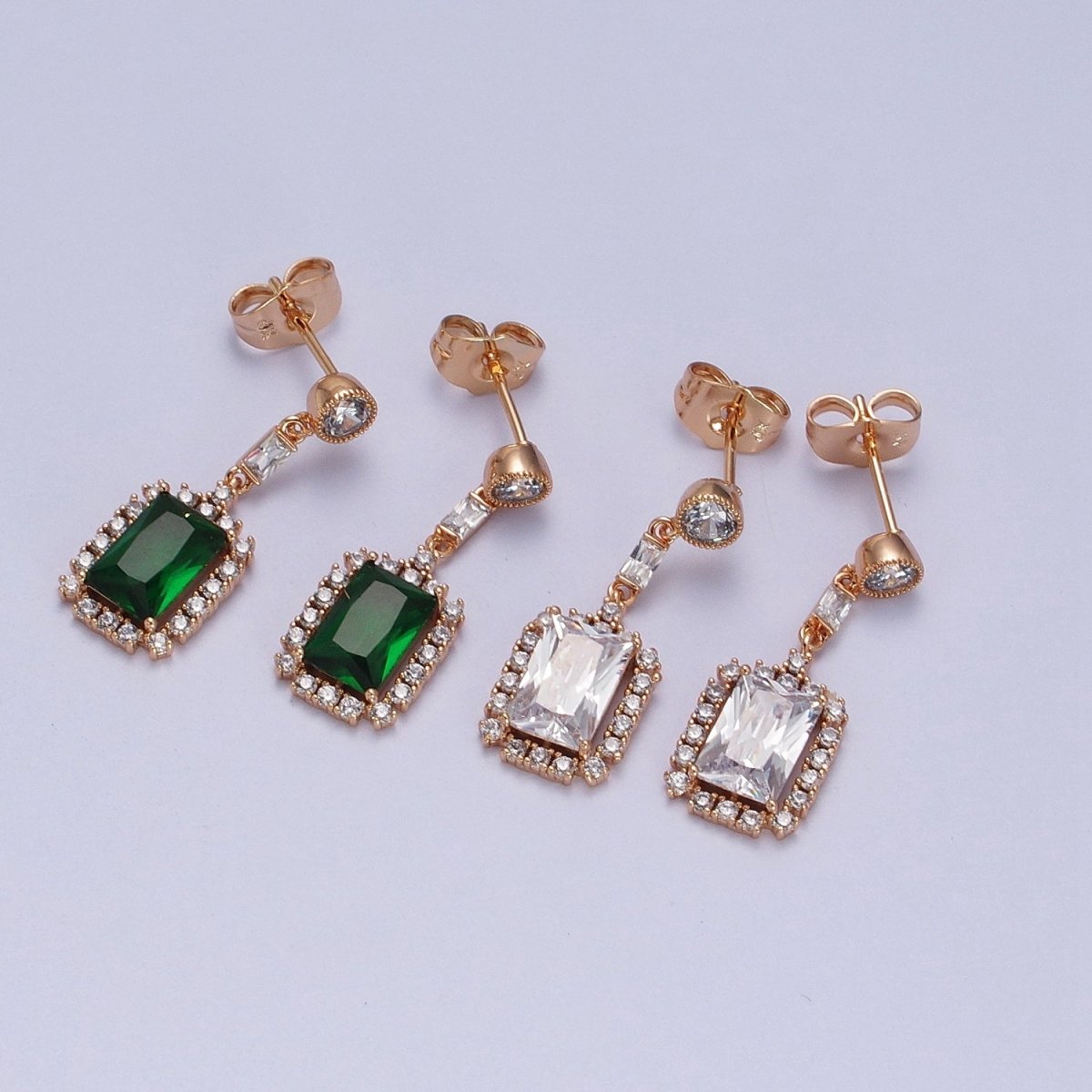 18K Gold Filled Clear, Green CZ Baguette Drop Round Stud Dangle Earrings | V-012 V-013 - DLUXCA