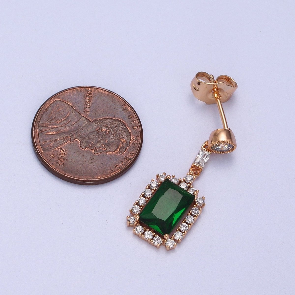 18K Gold Filled Clear, Green CZ Baguette Drop Round Stud Dangle Earrings | V-012 V-013 - DLUXCA