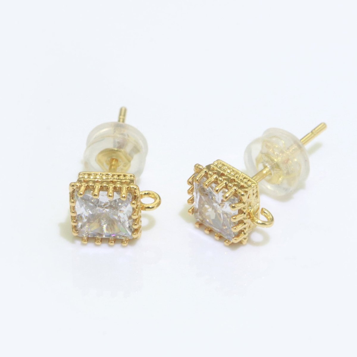 18K Gold Filled Clear / Green Square Cubic Zirconia Stud Drop Open Loop Earrings Supply L-491 L-492 - DLUXCA