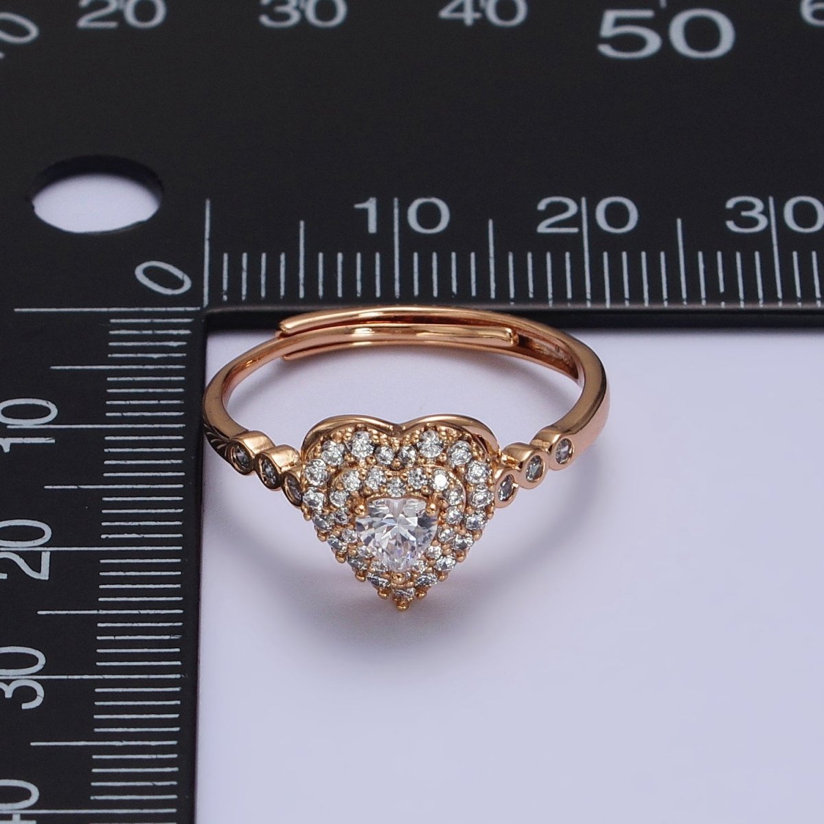 18K Gold Filled Clear Heart Micro Paved Round CZ Adjustable Ring | Y-582 - DLUXCA