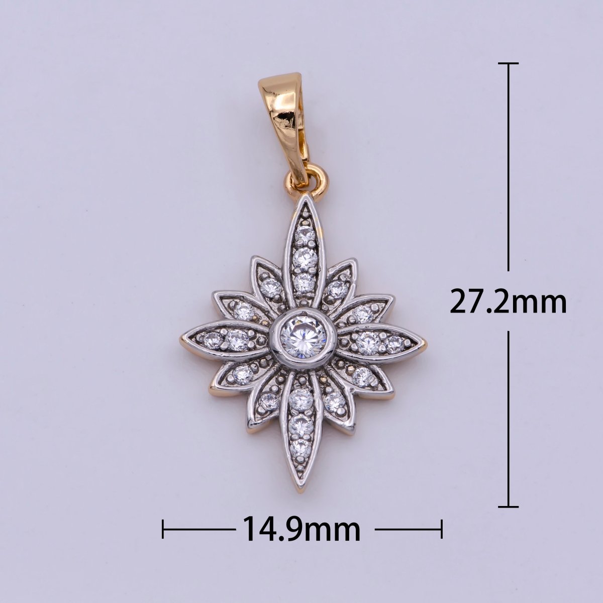 18K Gold Filled Clear Micro Paved CZ Celestial North Star Sun Flower Mixed Metal Pendant | N-1431 - DLUXCA