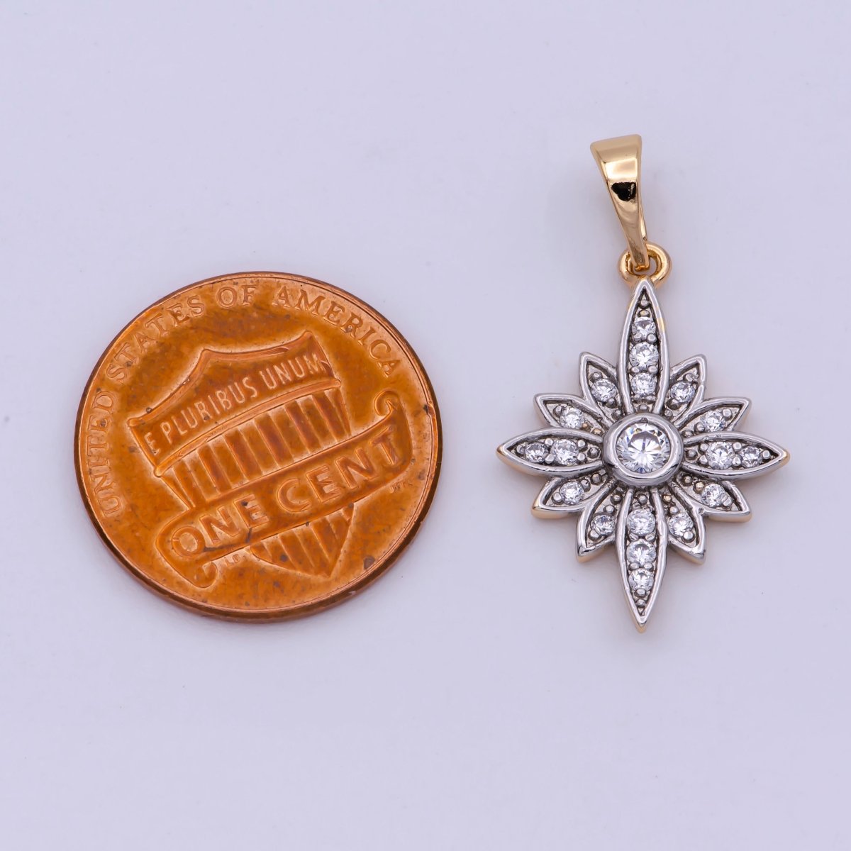 18K Gold Filled Clear Micro Paved CZ Celestial North Star Sun Flower Mixed Metal Pendant | N-1431 - DLUXCA