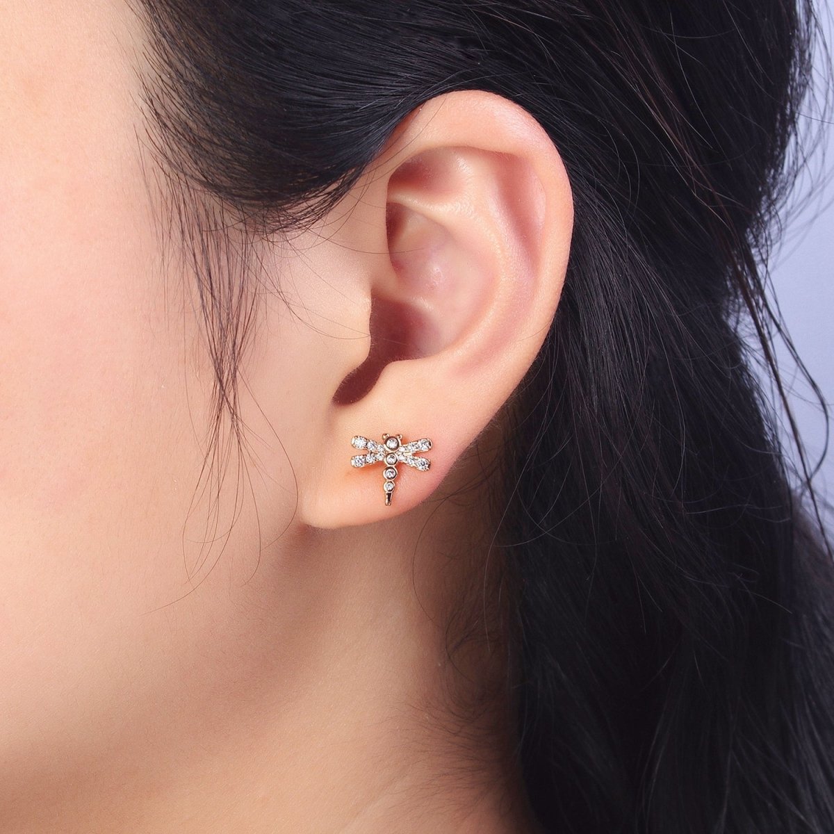 18K Gold Filled Clear Micro Paved CZ Dragonfly Insect Animal Stud Earrings | AB231 - DLUXCA