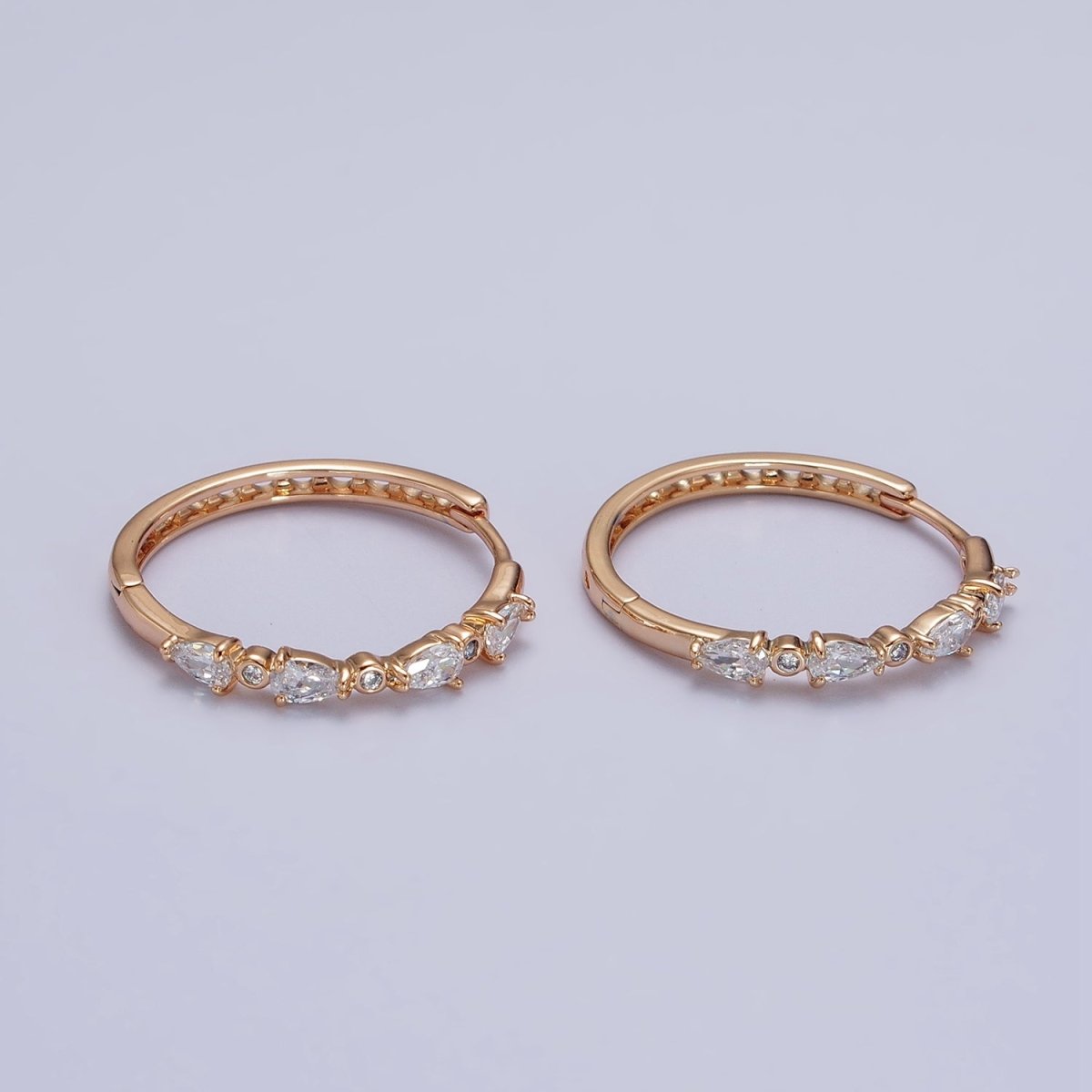 18K Gold Filled Clear Teardrop Round CZ Lined 27mm Endless Hoop Earrings | AB128 - DLUXCA