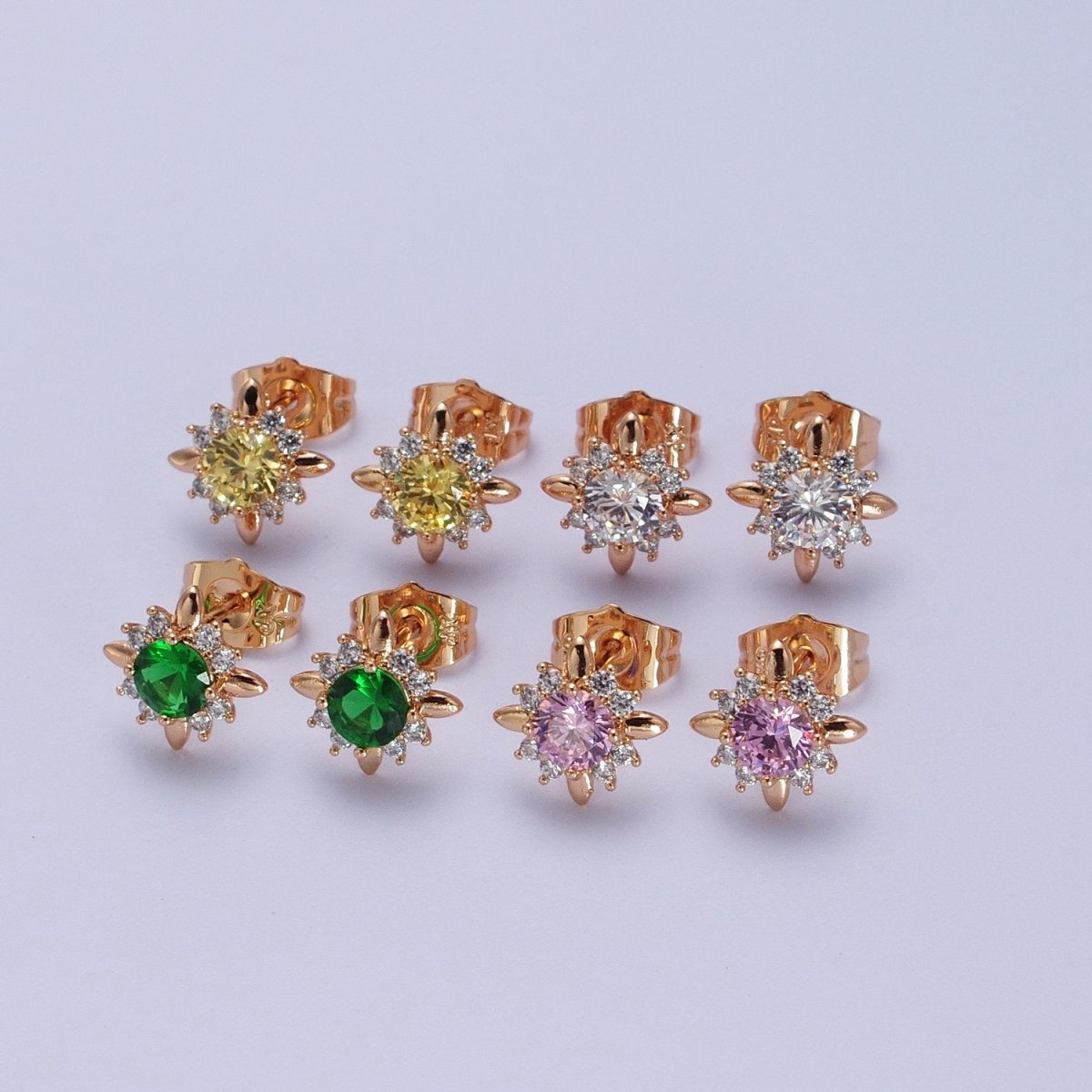 18K Gold Filled Clear, Yellow, Pink, Green CZ Celestial Sun Stud Earrings | Y-299~Y-302 - DLUXCA