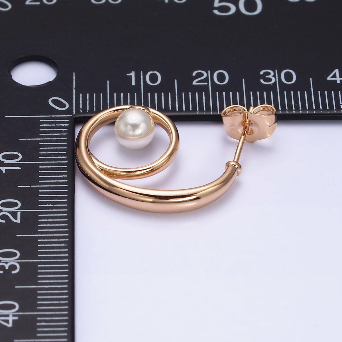 18K Gold Filled Curled Band Pearl Geometric J-Shaped Hoop Earrings | AD1448 - DLUXCA