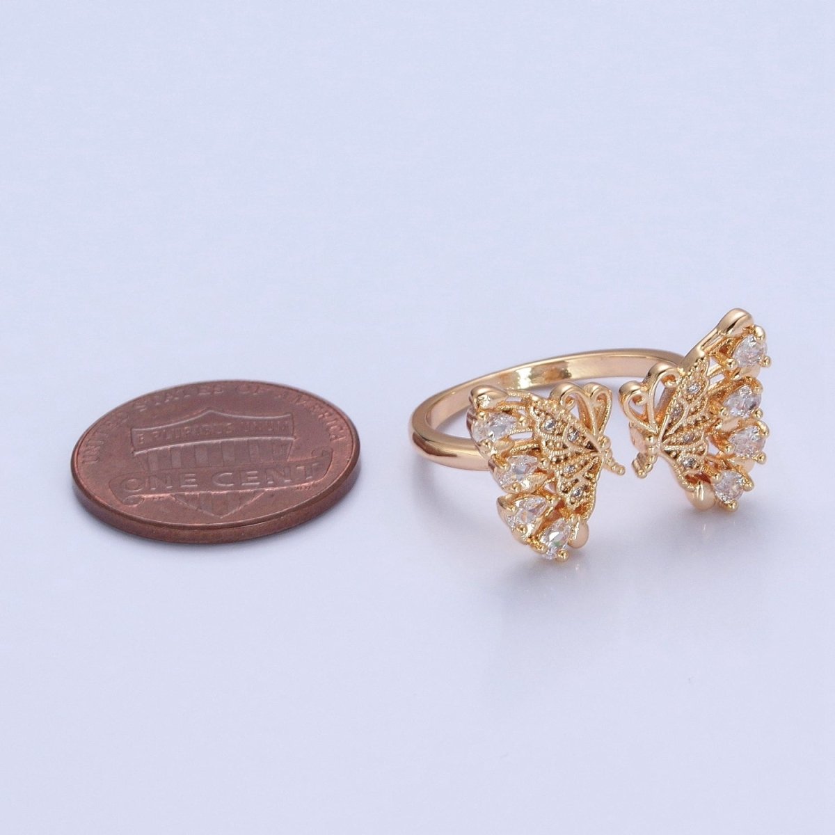 18k Gold Filled Dainty Butterfly Ring, Gold Pave Butterfly Ring, Delicate Butterfly Open Ring Adjustable Ring Big Butterfly Ring O-737 - DLUXCA