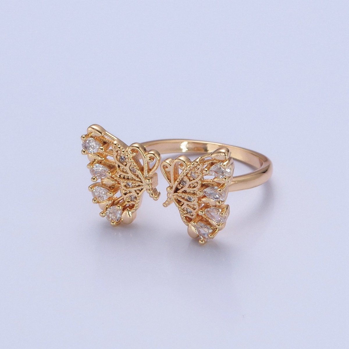18k Gold Filled Dainty Butterfly Ring, Gold Pave Butterfly Ring, Delicate Butterfly Open Ring Adjustable Ring Big Butterfly Ring O-737 - DLUXCA