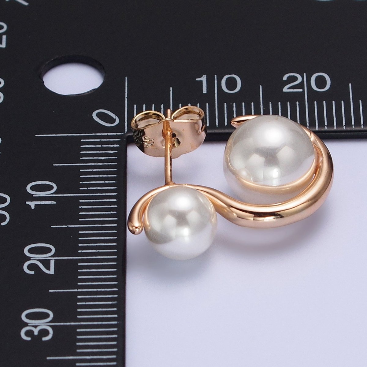 18K Gold Filled Double Pearl Geometric S-Shaped Stud Earrings | AB276 - DLUXCA