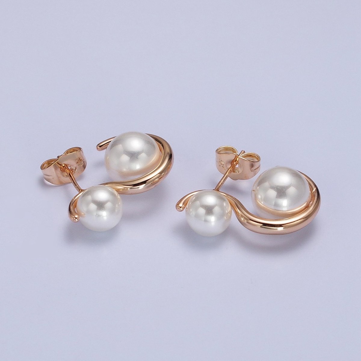 18K Gold Filled Double Pearl Geometric S-Shaped Stud Earrings | AB276 - DLUXCA
