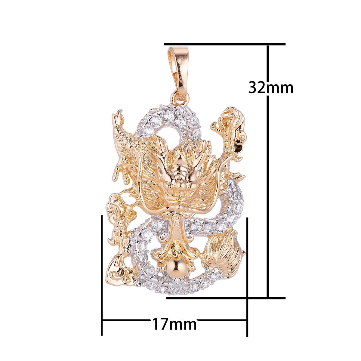 18k Gold Filled Dual Color Majestic Heavenly Soaring Dragon Cubic Zirconia Necklace Pendant Bead Bails Findings for Jewelry Making H-626 - DLUXCA