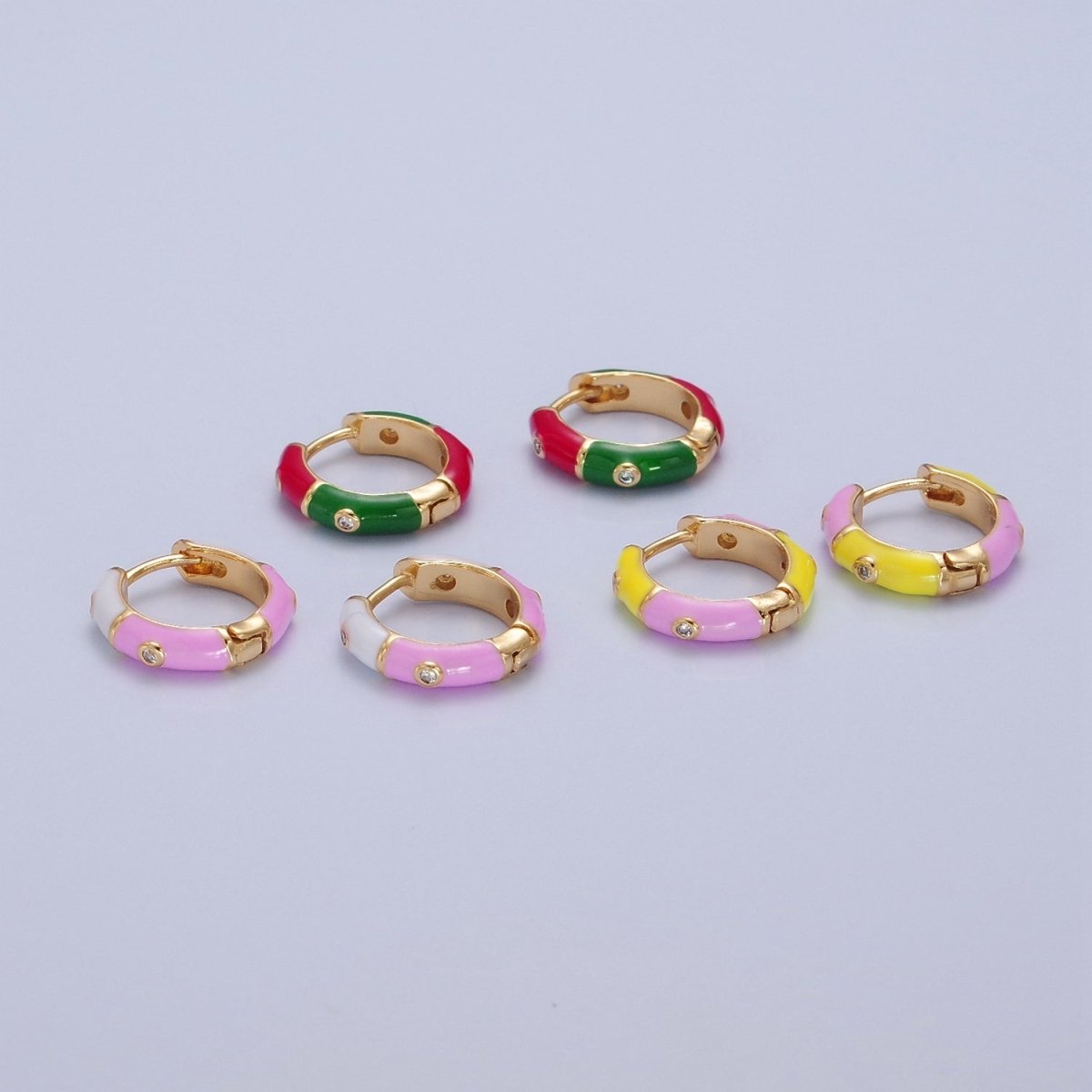 18k Gold Filled Enamel Hoops, Multi Color Mini Hoop Earrings, cz Enamel Hoops, Rainbow Hoops, Dainty Colored Hoop T-402 ~ T-404 - DLUXCA