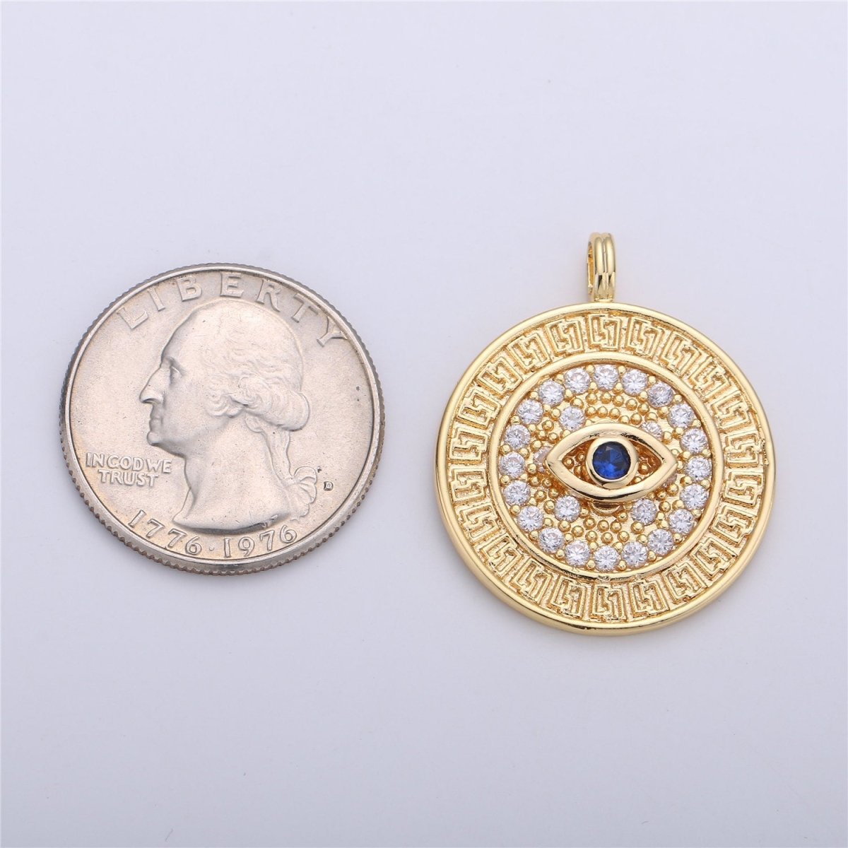 18k Gold Filled Evil Eye Charm - Gold Disc Evil Eye Pendant, Cubic Medallion Coin Charm, Religious Charm, Micro Pave Necklace Charm talisman C-652 - DLUXCA