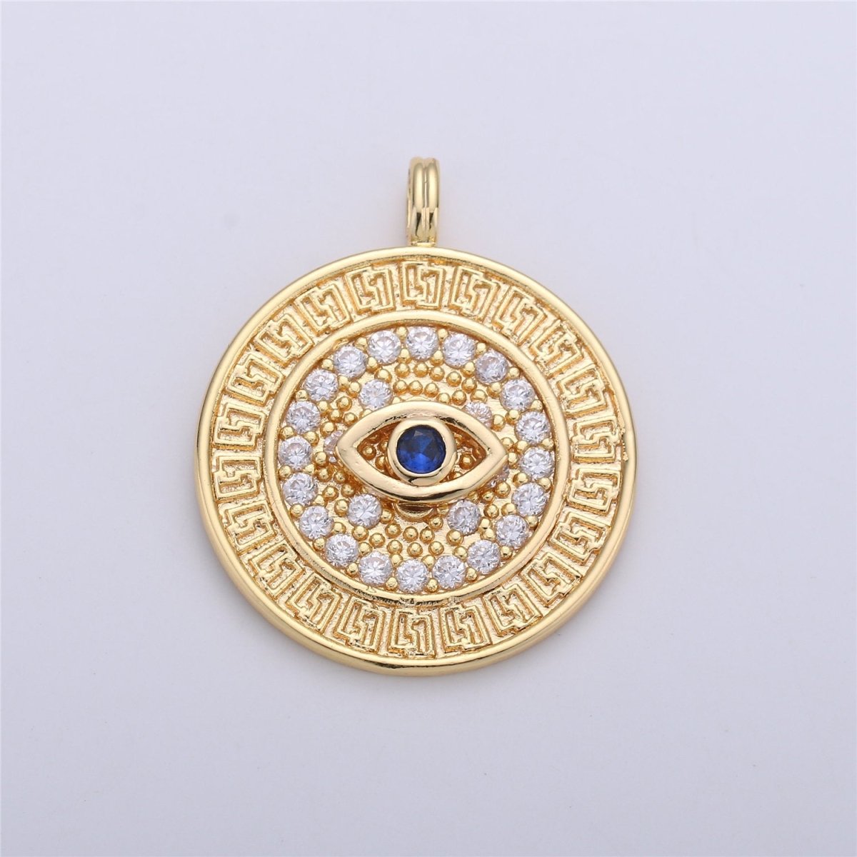 18k Gold Filled Evil Eye Charm - Gold Disc Evil Eye Pendant, Cubic Medallion Coin Charm, Religious Charm, Micro Pave Necklace Charm talisman C-652 - DLUXCA