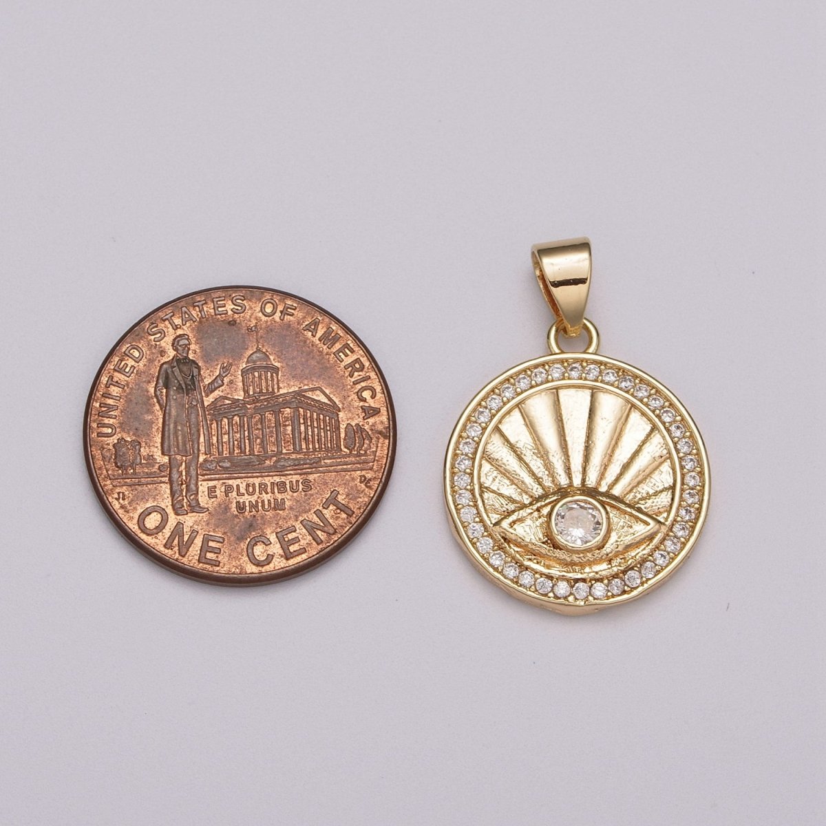 18K Gold Filled Evil Eye Pendant, Sunburst Evil Eye Necklace Medallion Pendant Necklace Micro Pave Sun Rays N-1404 - DLUXCA