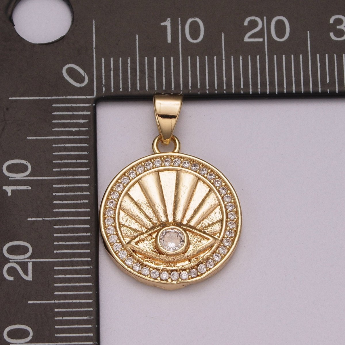 18K Gold Filled Evil Eye Pendant, Sunburst Evil Eye Necklace Medallion Pendant Necklace Micro Pave Sun Rays N-1404 - DLUXCA