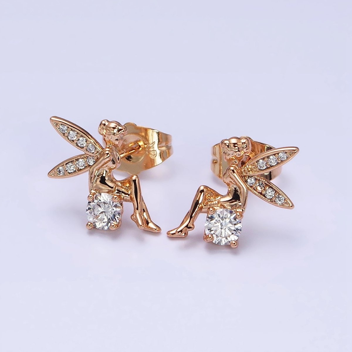 18K Gold Filled Fairy Wings Micro Paved CZ Stud Earrings | AD1362 - DLUXCA