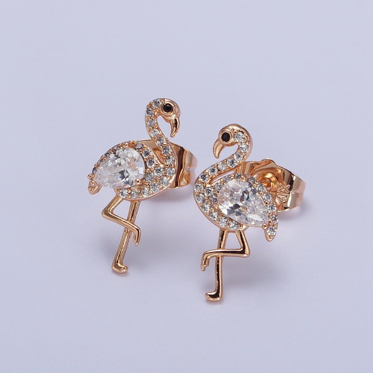 18K Gold Filled Flamingo Bird Micro Paved CZ Teardrop Stud Earrings | AB289 - DLUXCA