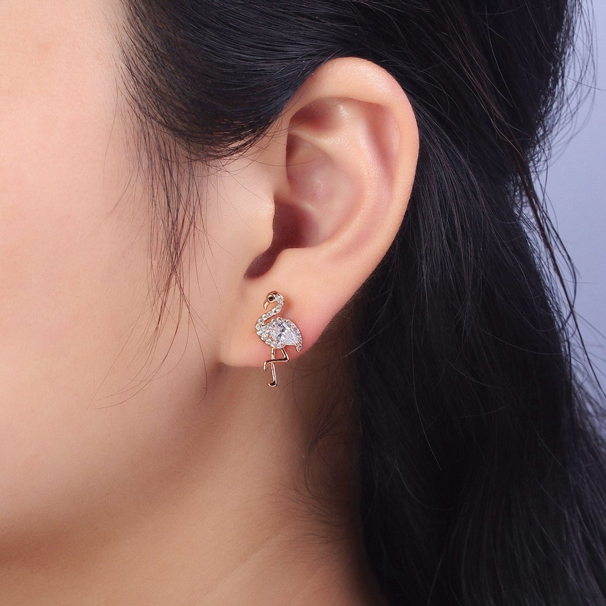 18K Gold Filled Flamingo Bird Micro Paved CZ Teardrop Stud Earrings | AB289 - DLUXCA