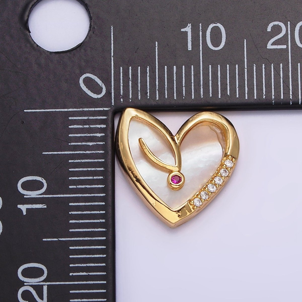 18K Gold Filled Fuchsia CZ Micro Paved Shell Pearl Heart Charm | AC1435 - DLUXCA