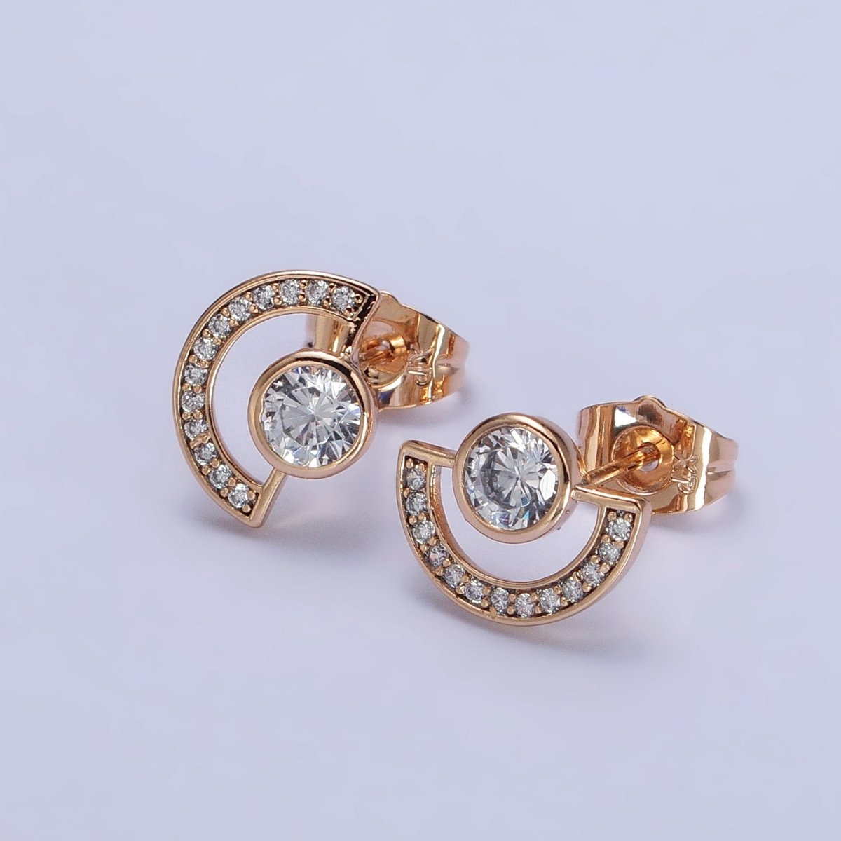 18K Gold Filled Geometric Clear CZ Round Curved Micro Paved Stud Earrings | AB232 - DLUXCA