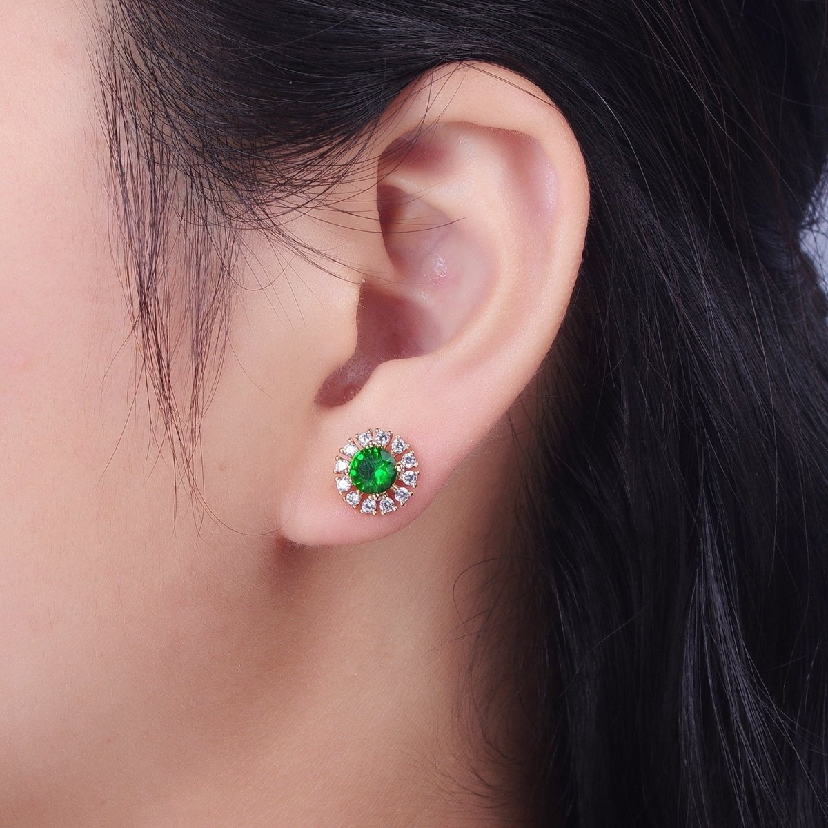 18K Gold Filled Green, Clear CZ 10.8mm Round Stud Earrings | V-003 Y-298 - DLUXCA