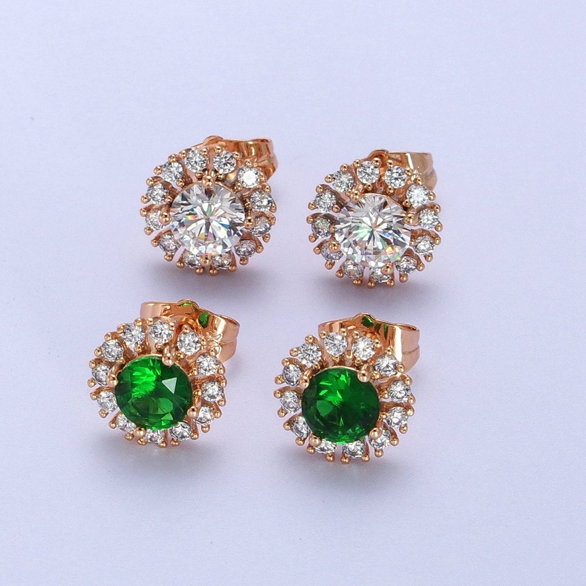18K Gold Filled Green, Clear CZ 10.8mm Round Stud Earrings | V-003 Y-298 - DLUXCA