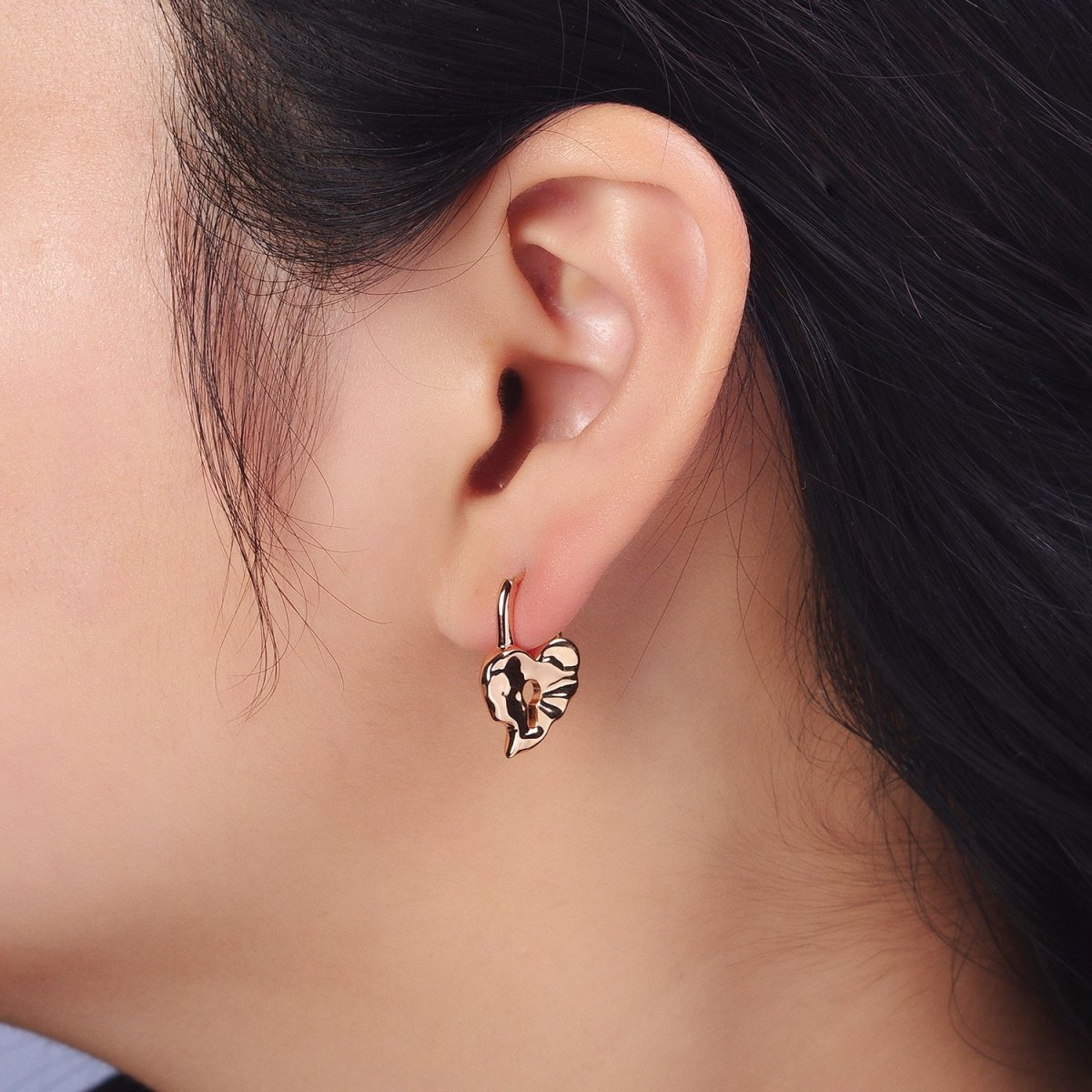 18K Gold Filled Huggie Padlock Heart Earring Abstract Design AB1045 - DLUXCA