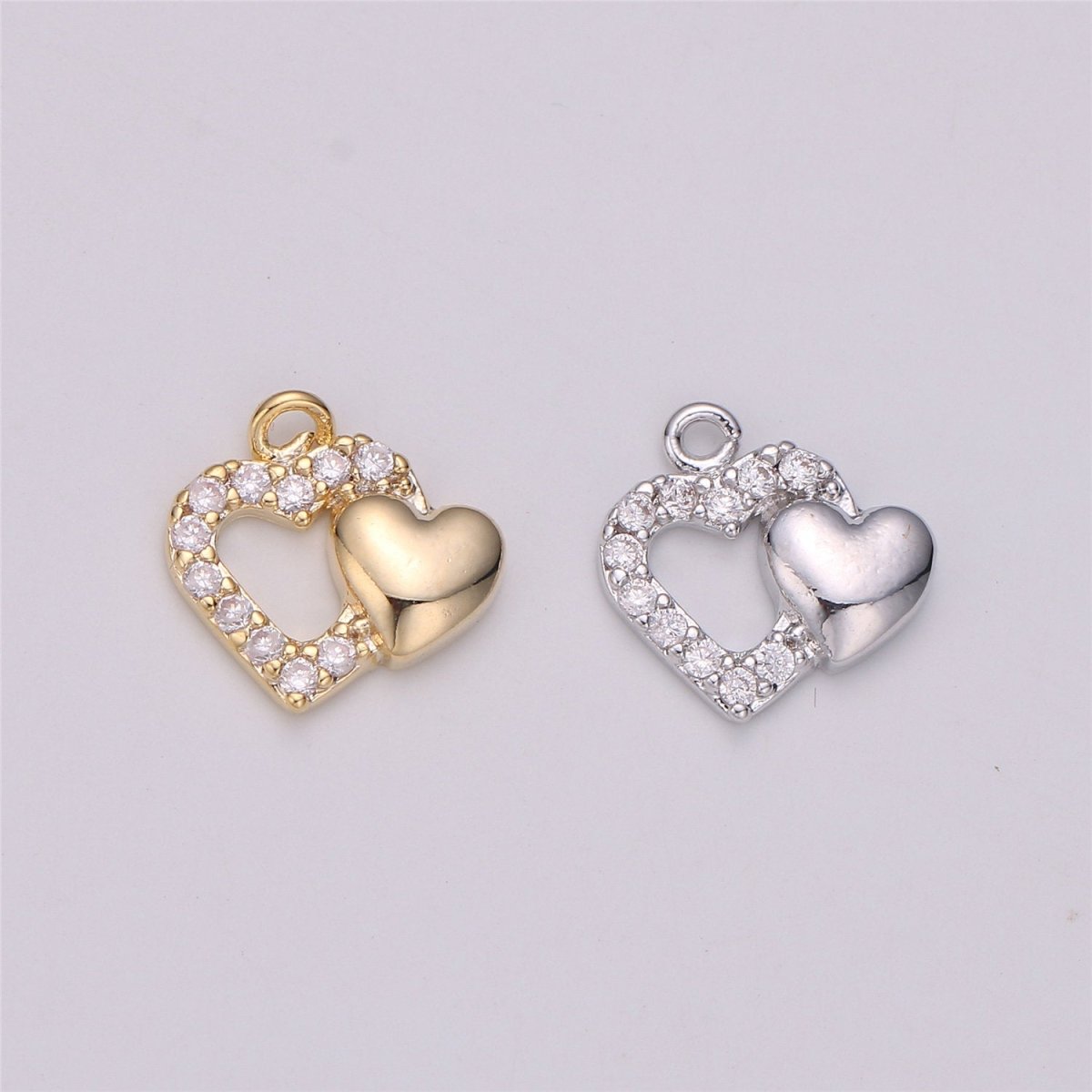 18k Gold Filled Joined Heart Charm,Dual Heart Pendant, Two Hearts Charm, Gold Heart Charm Micro Pave Charm C-528 - DLUXCA