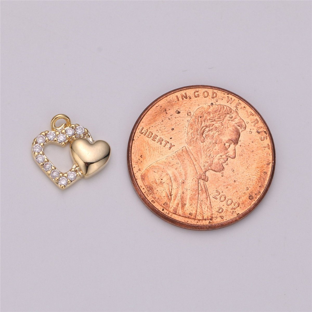 18k Gold Filled Joined Heart Charm,Dual Heart Pendant, Two Hearts Charm, Gold Heart Charm Micro Pave Charm C-528 - DLUXCA