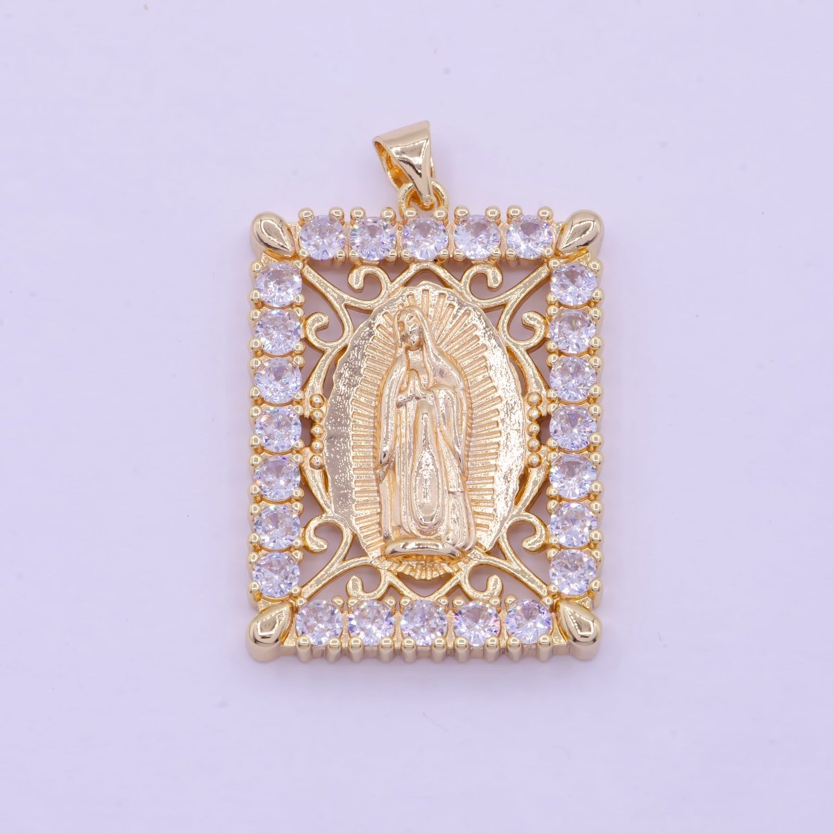 18K Gold Filled Lady Guadalupe Pendant Micro Pave Medallion Virgin Mary Rectangle Tag Catholic Jewelry Pendant X-461 - DLUXCA