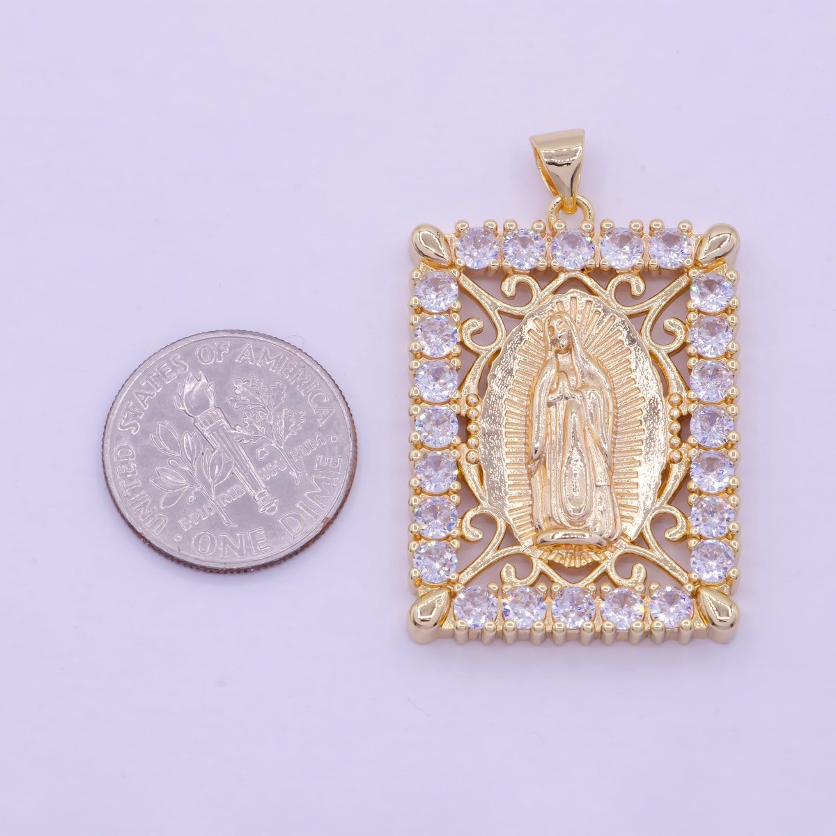 18K Gold Filled Lady Guadalupe Pendant Micro Pave Medallion Virgin Mary Rectangle Tag Catholic Jewelry Pendant X-461 - DLUXCA