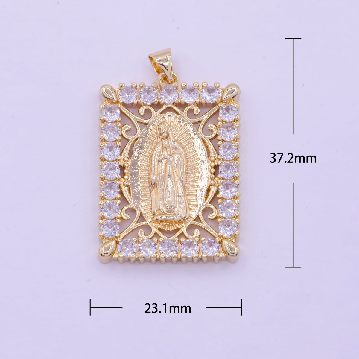 18K Gold Filled Lady Guadalupe Pendant Micro Pave Medallion Virgin Mary Rectangle Tag Catholic Jewelry Pendant X-461 - DLUXCA