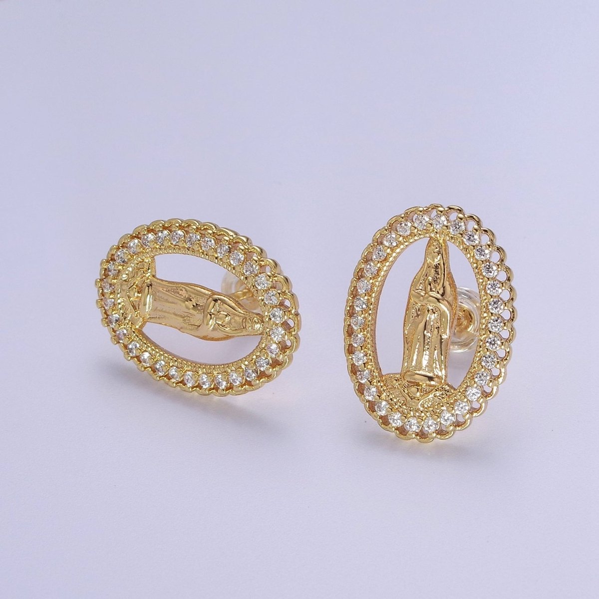 18K Gold Filled Lady Guadalupe Stud Earring with Clear Rainbow Cubic Zirconia V-102 V-103 - DLUXCA