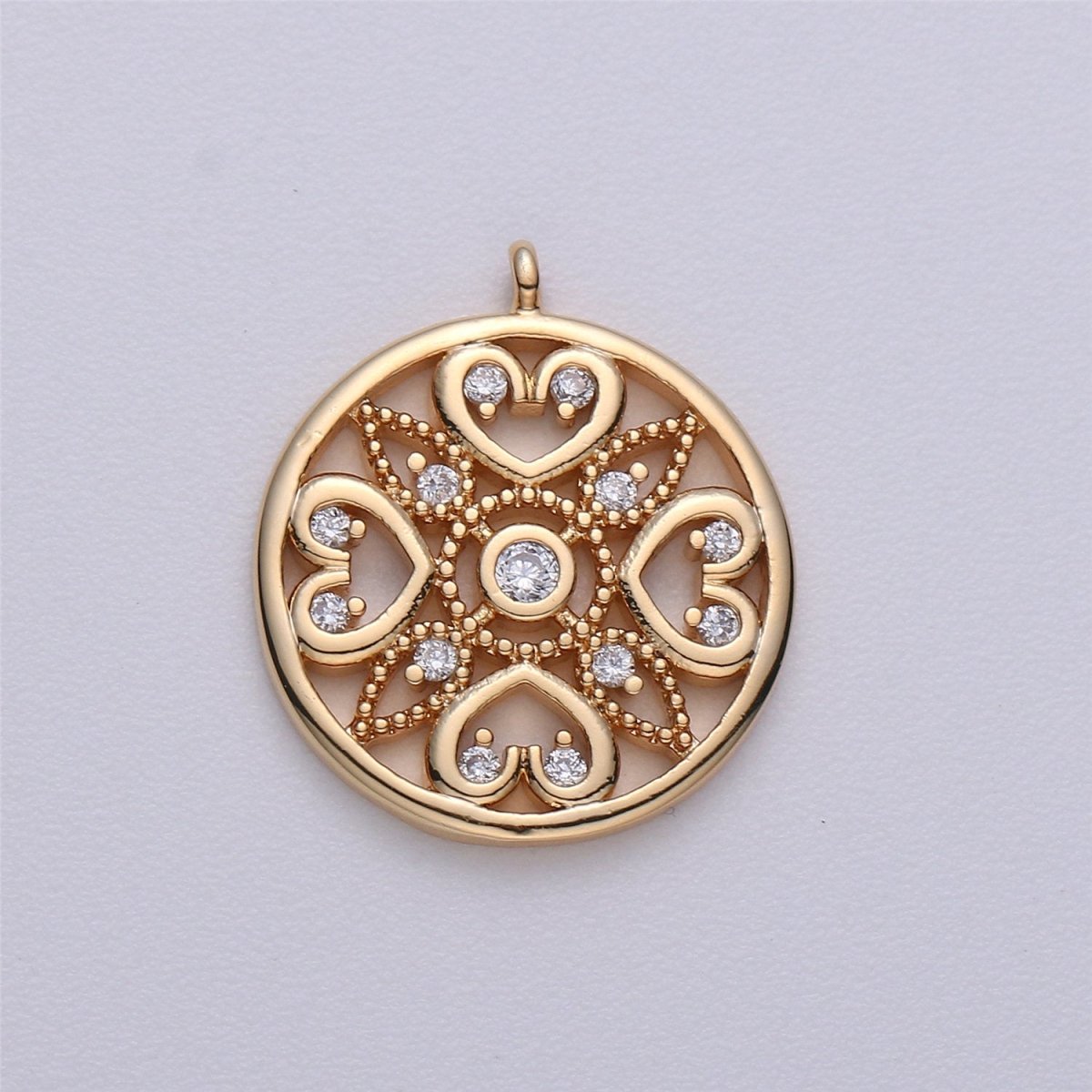 18K Gold Filled Love Heart Charm Filigree Cut-Out Heart Medallion Charm Coin Pendant Circle Heart CharmC-547 - DLUXCA