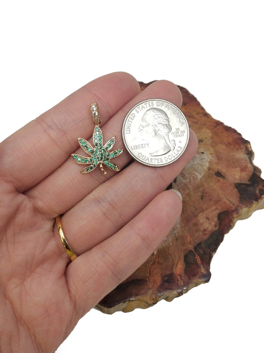 18K Gold Filled Marijuana Leaf Six Leaves Plant Necklace Pendant Micro Pave Green Leaf Charm Bracelet Earring Charm Bails for Jewelry Making I-079 H-871 - DLUXCA