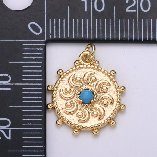 18K Gold Filled Medallion Charm 21.5x17.5mm Vintage Turqouise Pendant, Round Disc charms Minimalist Jewelry for Necklace Component E-144 - DLUXCA