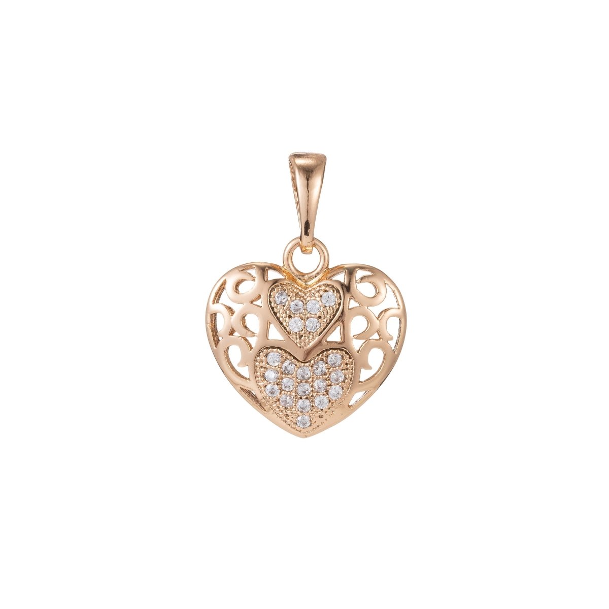 18k Gold Filled Micro Pave CZ Heart Pendant Charm, Heart with heart Pendant Charm, Linked Locked Heart Pendant, For DIY Jewelry I-421 - DLUXCA