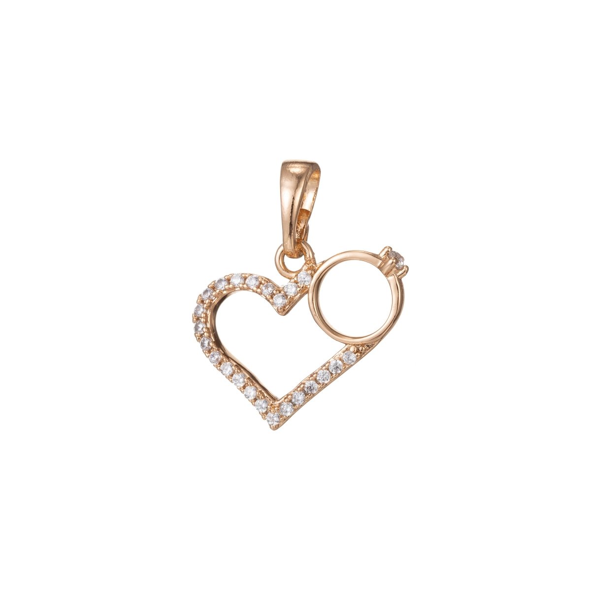 18k Gold Filled Micro Pave CZ Heart Pendant Charm, Heart with Ring Micro Pave CZ Pendant Charm, Gold Filled Pendant, For DIY Jewelry I-432 - DLUXCA