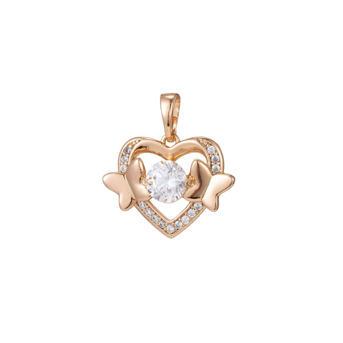 18k Gold Filled Micro Pave CZ Heart Pendant Charm, Hearts with Dual Butterfly Pendant Charm, Gold Filled Heart Pendant, For DIY Jewelry I-416 - DLUXCA