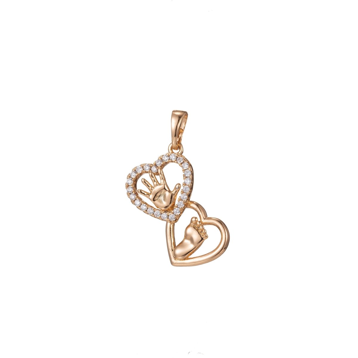 18k Gold Filled Micro Pave CZ Pendant Charm, Hearts with Hand and Foot Pendant Charm, Linked Locked Heart Pendant, For DIY Jewelry - DLUXCA