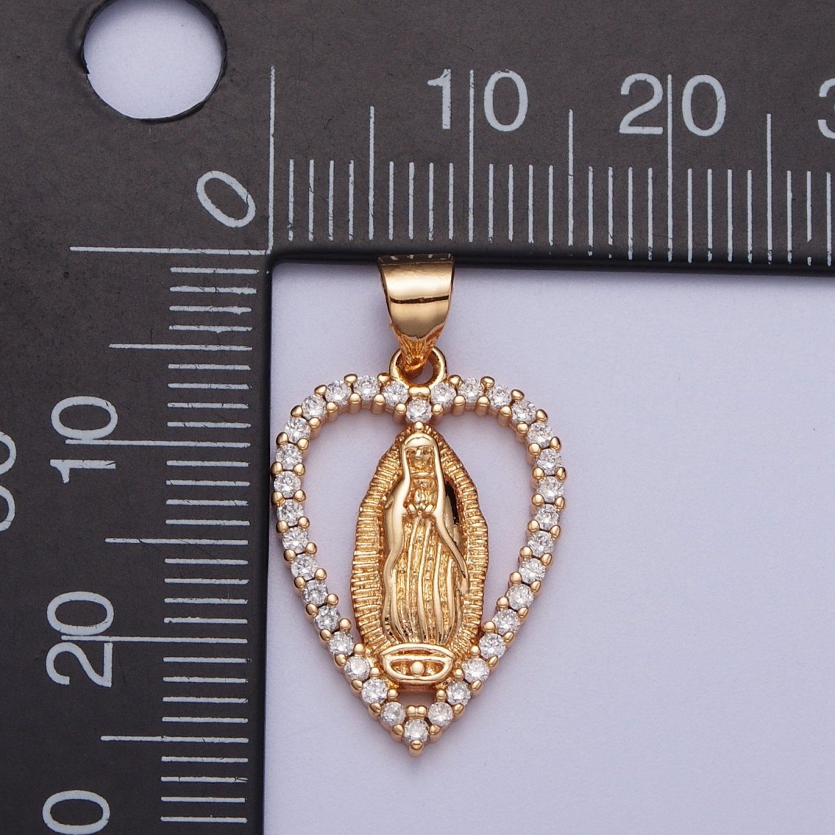 18K Gold Filled Micro Paved Cubic Zirconia CZ Open Heart Mother Virgin Mary Pendant For Religious Jewelry | X-680 - DLUXCA